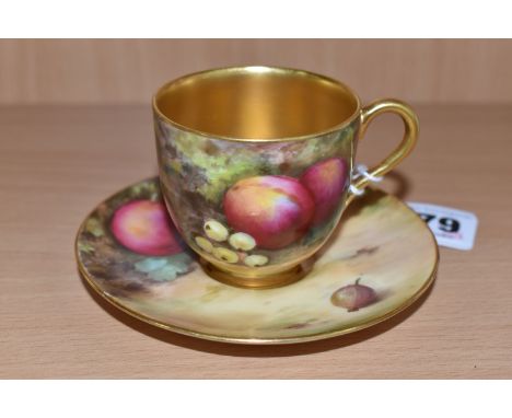 A ROYAL WORCESTER SMALL CUP AND SAUCER, W Powell for Royal Worcester, a fallen fruit painted teacup and saucer, both signed, 