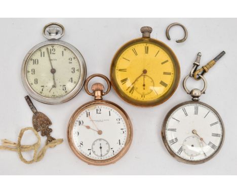 FOUR POCKET WATCHES, to include a gold plated open face pocket watch, manual wind, round white dial signed 'Shierwater &amp; 