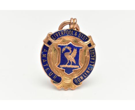 A 9CT GOLD ENAMEL FOB MEDAL, circular form with blue enamel detail, inscribed 'Liverpool &amp; Dist, Amateur Bowling League',