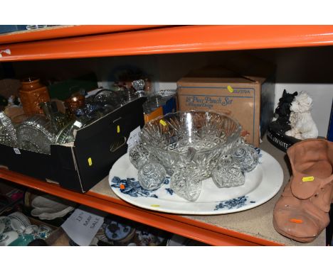 FOUR BOXES AND LOOSE GLASSWARE AND ORNAMENTS, to include a boxed Arlington design glass punch set, a plaster 'Black &amp; Whi