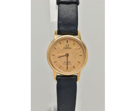 A LADIES 'OMEGA' WRISTWATCH, quartz movement, round gold dial signed 'Omega De Ville, Quartz', baton markers, black hands, in