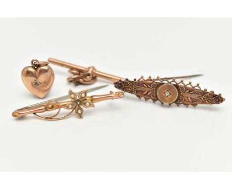 TWO BAR BROOCHES, A T-BAR AND A HEART PENDANT, to include an Etruscan style brooch set with a small rose cut diamond, stamped