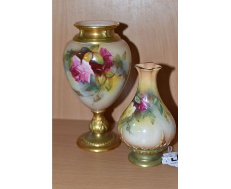 TWO ROYAL WORCESTER BLUSH IVORY VASES, comprising a relief moulded bud vase, model No. 285 decorated with pink and yellow ros