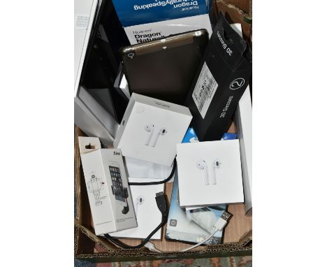 A BOX OF PERSONAL ENTERTAINMENT ELECTRONIC EQUIPMENT ETC, to include a Samsung Galaxy Tab A, an Apple iPad Mini model A1445, 
