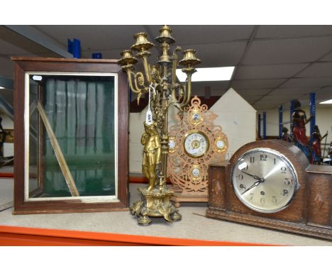 A VINTAGE 'FOREIGN' MANTEL CLOCK, PUTTI STYLE BRASS CANDELABRUM, TRAFALGAR MEMORIAL CLOCK, AND VINTAGE DISPLAY BOX, 'Foreign'