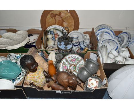 FIVE BOXES OF CERAMICS AND SUNDRIES, to include a Chinese 'Famille Rose' cabinet plate, red character mark on the base, a mid