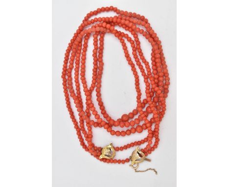 A CORAL BEAD NECKLACE, triple strand of round polished graduated coral beads, fitted with a yellow metal hook clasp, unclear 