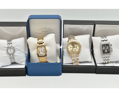 FOUR WRISTWATCHES, the first a gents gold plated 'Rotary' quartz movement wrist watch PO 000329, together with signed box, tw