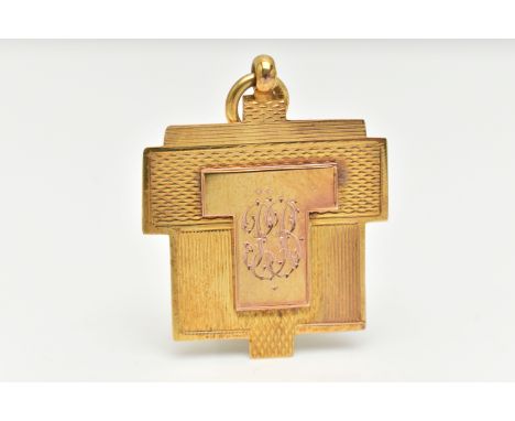 A 9CT GOLD FOB MEDAL, engine turned pattern with engraved monogram, fitted with a jump ring for suspension, personal engravin