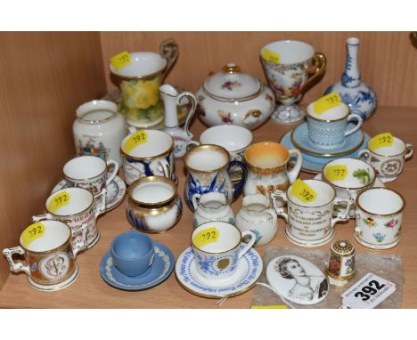 A COLLECTION OF MINIATURE CERAMICS, comprising a blue and white onion vase, a Royal Doulton 'Royal birthplaces' loving cup, S