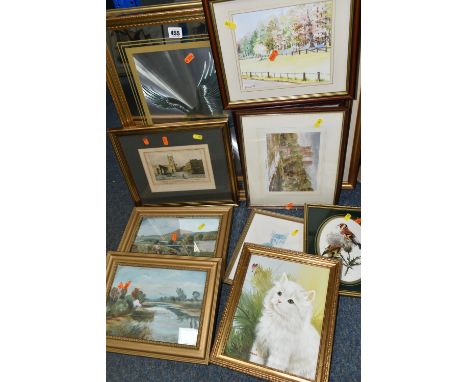 A SELECTION OF PAINTINGS AND PRINTS ETC, to include two early 20th century water landscapes signed J. Lewis, approximate size