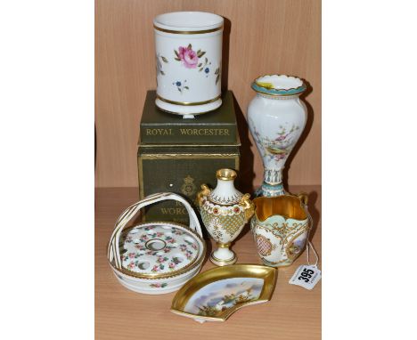 A GROUP OF SIX PIECES OF NAMED PORCELAIN, comprising a late 19th century Minton rose bud basket, a boxed Royal Worcester 'Mar