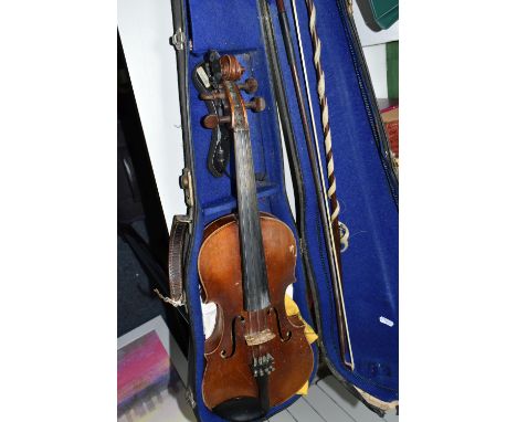 A CASED VIOLIN, two piece back, ebonized fingerboard, in a hard fitted case with two bows - one marked Roth-Glasser, the othe