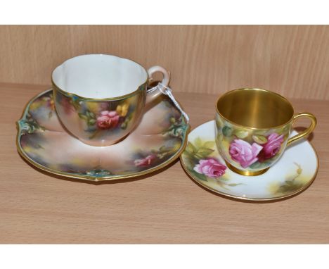 A ROYAL WORCESTER CABINET CUP AND SAUCER, WITH A JAMES HADLEY &amp; SONS TEACUP AND SAUCER, comprising a Royal Worcester cabi