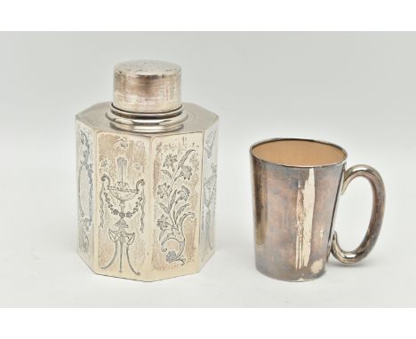 A SILVER TEA CADDY AND A SILVER TRAVEL CUP, the octagonal tea caddy with engraved decoration hallmark for Birmingham 1912, to