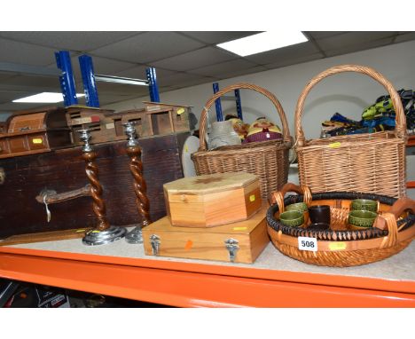 A QUANTITY OF TREEN, WICKER, WALKING STICKS, ETC, including two wicker baskets, one with divisions for bottles, three walking