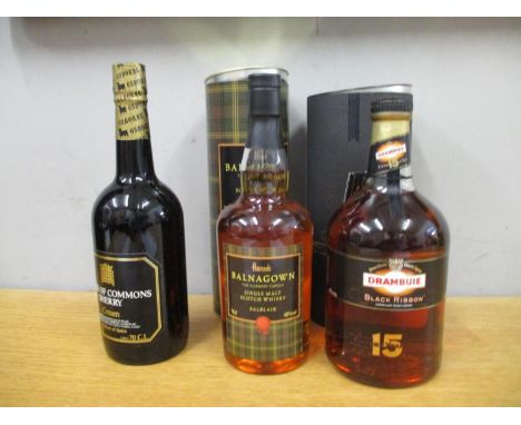 Balnagown Harrods single malt Scotch Whisky 70cl, a House of Commons Sherry 70cl and Drambuie Black Ribbon, 15 year old 1lt 