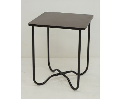 A Bauhaus classic design side table, square Formica top on painted tubular steel frame, measuring 56x56cm, H70cm, mid century