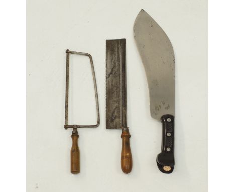 A large Machete part Kukri and part Parang marked E.B.E.X. Halkis, L45cm, together with a vintage carpenter tenon saw with st