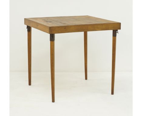 A vintage folding cards table, beechwood square tapered legs, measuring 76x76cm, H74cm. Mid century. Some cigarette burns to 