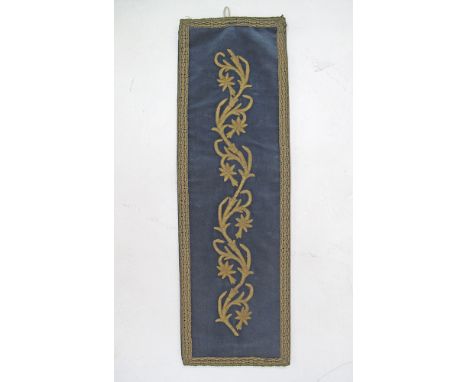 A vintage gold thread embroidery on blue velvet, 84x27cm, mid century.