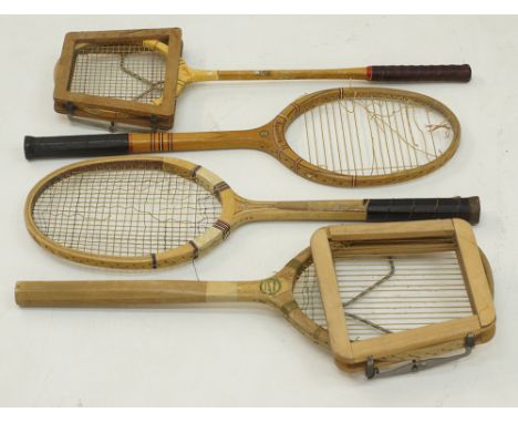 A collection of vintage wooden tennis rackets including a squash racket L70cm, c1970s. (4)
