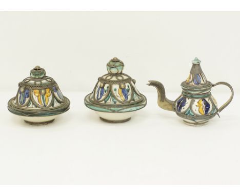 Three vintage Moroccan metal mounted ceramics, hand painted in vivid colours, the round dish diam. 15cm. (3)