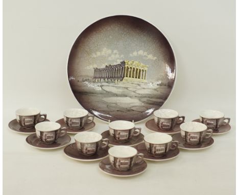 A collection of vintage Greek pottery comprising a wall plate diam.30cm and ten coffee cups with saucers all decorated with t