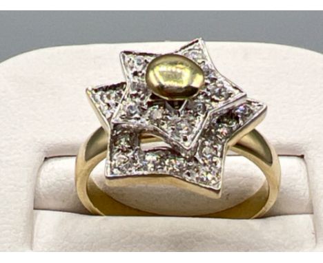 Ladies 9ct gold double star spinning cz ring. 4.8g size M1/2