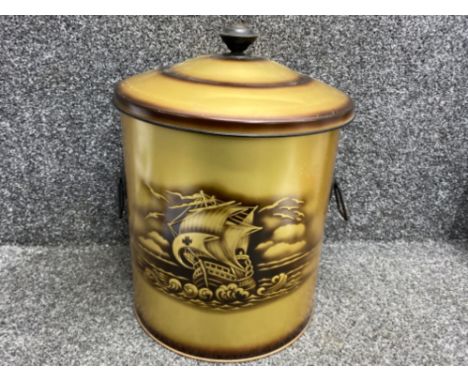 Vintage Worcester twin handled lidded coal/log bin, depicting a galleon at sea to front 37x28cm