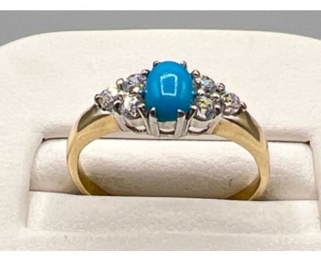 Ladies 9ct gold cz and turquoise ring. Size L 1.8g