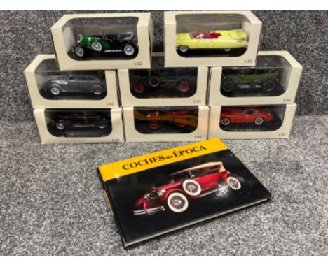 Coches de Epoca diecast metal vintage cars in 1:32 scale by RBA collectables (Spain) x8 in original boxes And book