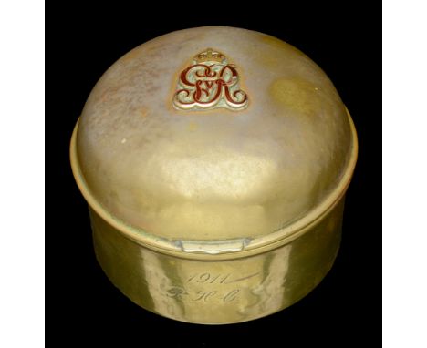 An Item of Trench Art. Comprising the bottom of shell with hinged lid mounted will enamelled GV cypher, engraved on the front
