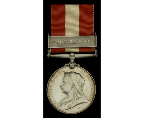 Canada General Service 1866-70, 1 clasp, Fenian Raid 1866 (Private J. Busteed, G.T.R. B’de.) Canadian style impressed naming,