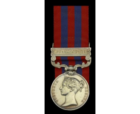 India General Service 1854-95, 1 clasp, Burma 1887-89 (355 Pte. G. Wood 1st Bn. Ches. R.) suspension re-affixed with solder, 