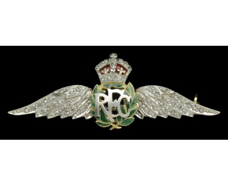A Royal Flying Corps Sweetheart’s Brooch. A very fine example in 15ct gold and embellished with diamonds, 48mm in width, of t