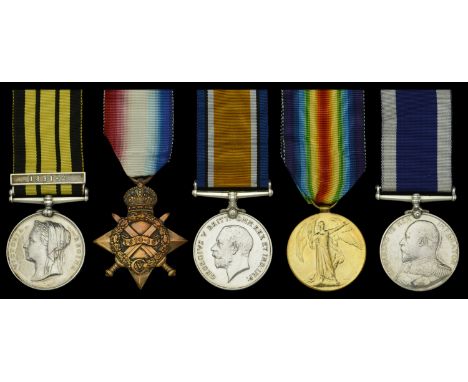 Five: Chief Armourer S. P. Warne, Royal Navy  East and West Africa 1887-1900, 1 clasp, 1891-2 (S. P. Warne. Arms. Mate, H.M.S