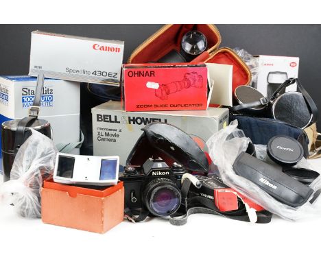 Photographic equipment - A collection of photographic equipment to include camera, lenses &amp; accessories, featuring Nikon 