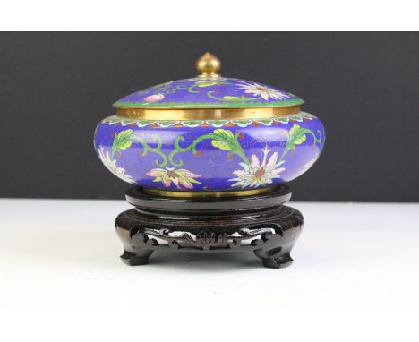 Oriental champleve enamel cloisonne bowl with lid and wooden stand 