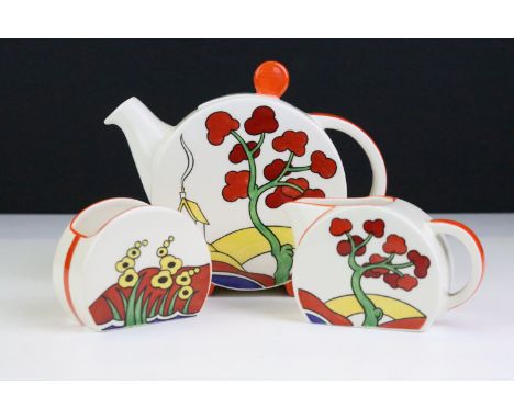 Wedgwood Bizarre by Clarice Cliff, Clarice Cliff Collection part tea service, comprising: globular teapot, with stylised red 