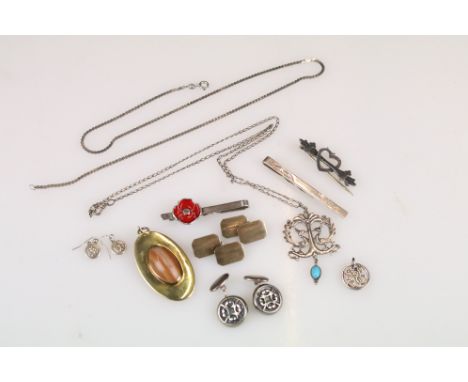 Collection of Silver items including Silver and Enamel ' Poppy ' Tie Slide, Silver Gilt and Agate Pendant, Two Pairs of Silve