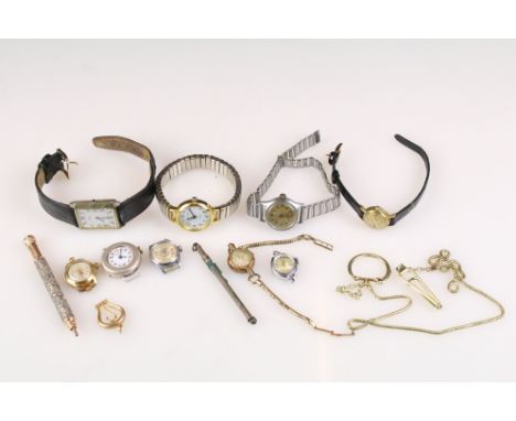 Collection of watches to include Seiko, Tudor, Timex, Medana, Candino, mechanical pencil, yellow metal button hook pendant. 