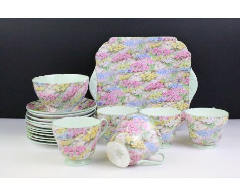 Shelley 'Rock Garden' tea set, pattern no. 13454, to include 5 teacups &amp; saucers, 6 tea plates, sandwich plate &amp; suga