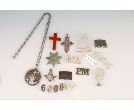 Collection of Masonic, Religious and other Items including Silver Holy Bible Brooch (a/f), Silver Masonic Compass Brooch (a/f