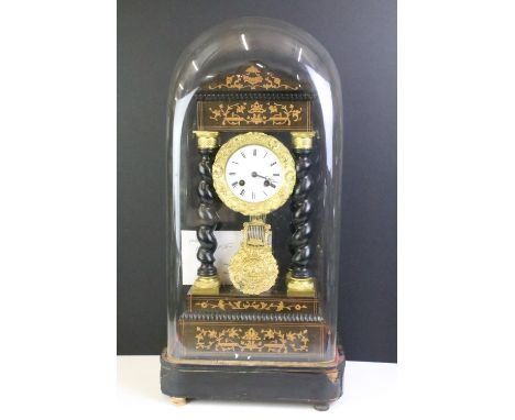 French Empire Napoleon III pillar striking eight day mantel clock, the gilt metal &amp; ebonised wood case with marquetry inl