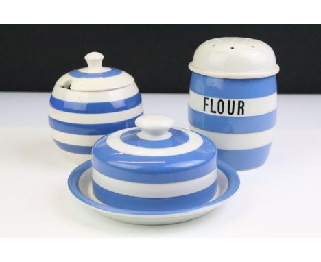 T.G. Green Cornish Kitchen Ware blue &amp; white butter dish and flour shaker, plus a similar Sadler Kleen Kitchen Ware prese