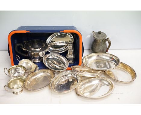 Silver plated ware including an oversized 3 pcs tea service set, a pair of oval twin handled serving dishes, a gravy boat, su