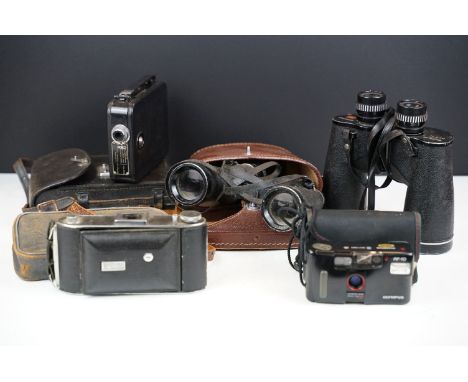 Group of cameras and binoculars to include Ensign folding bellows camera, cine Kodak eight, Swift Saratoga binoculars and a p