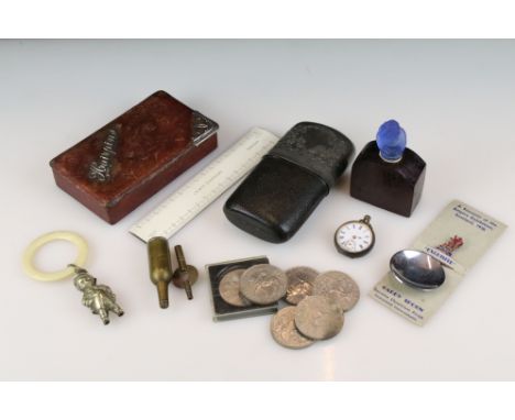 Mixed lot of small Collectables items including Victorian Hipflask, Leather Hairpins Box with silver mounts, Baby's Teething 