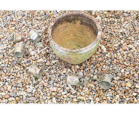Terracotta garden planter (approx 30cm diameter), together with a hanging watering can garden ornament 